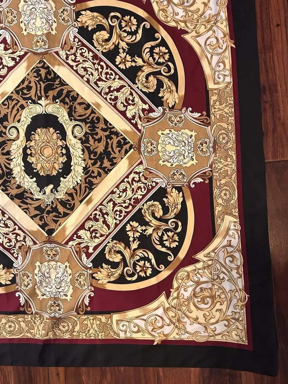 Vintage Baroque Print Square Silky Scarf Black Burgundy Gold, 35”